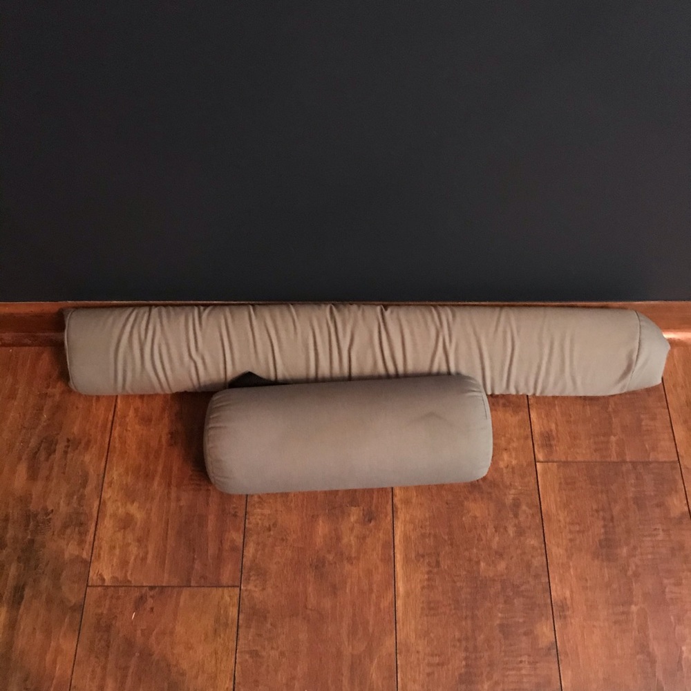 2 grey lumbar support pillows, long approx 32” and small pillow approx 13.5”